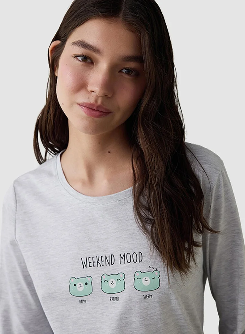 بنتي طقم بيجامة قطن بأكمام طويلة وياقة دائرية لمزاج عطلة نهاية الأسبوع